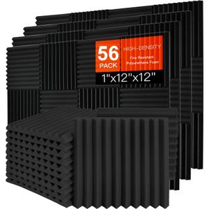 56 Pack Acoustic Foam Panels, 1" x 12"x 12" Sound Proof Foam Panels For Wall Fire Resistant, Noise Cancelling Dampening Sound Absorbing Black Wedge Panels For Studio Recording & Office & Home