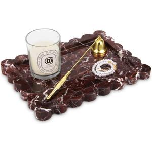 Scalloped Marble Decorative Tray,Luxury Natural Stone Bathroom Vanity Tray, Dresser Top Perfume Coffee Home Kitchen Toilet Sink Tray, Key Trinket Ring (Rosso Lepanto, 10.8 * 8)