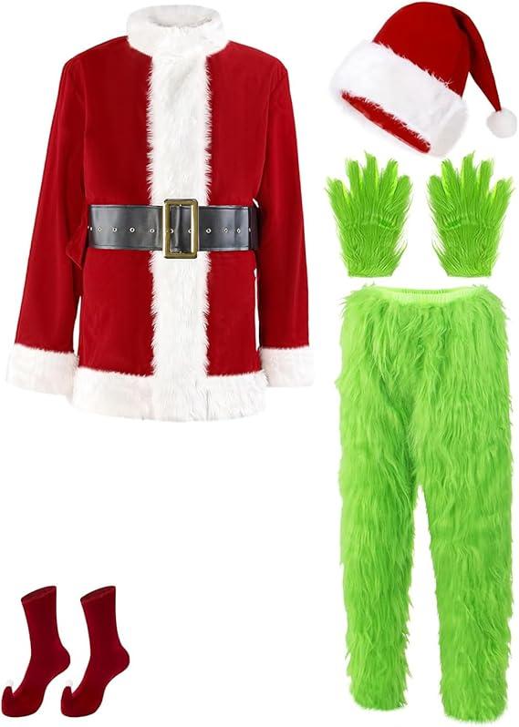 Christmas Santa Claus Costume Green Monster Suits Outfit Santa Coat Cosplay Mask Halloween Christmas Costumes for Men, Medium
