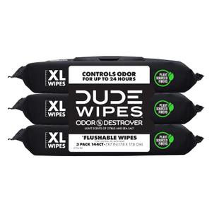 DUDE Wipes - Flushable Wipes for Adults - 3 Pack, 144 Count - Odor Destroyer XL - Deodorizing with Clean Scent - Up to 24 Hours of Odor-Destroying Technology