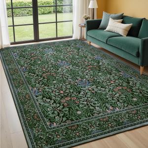 Dadasgk Floral 9x12 Area Rugs for Living Room Bedroom, Soft Washable Rugs 9x12 Stain Resistant, Ultra-Thin Non-Slip Boho Dining Room Rug Non-Shedding Accent Carpet for Guestroom Office, Dark Green