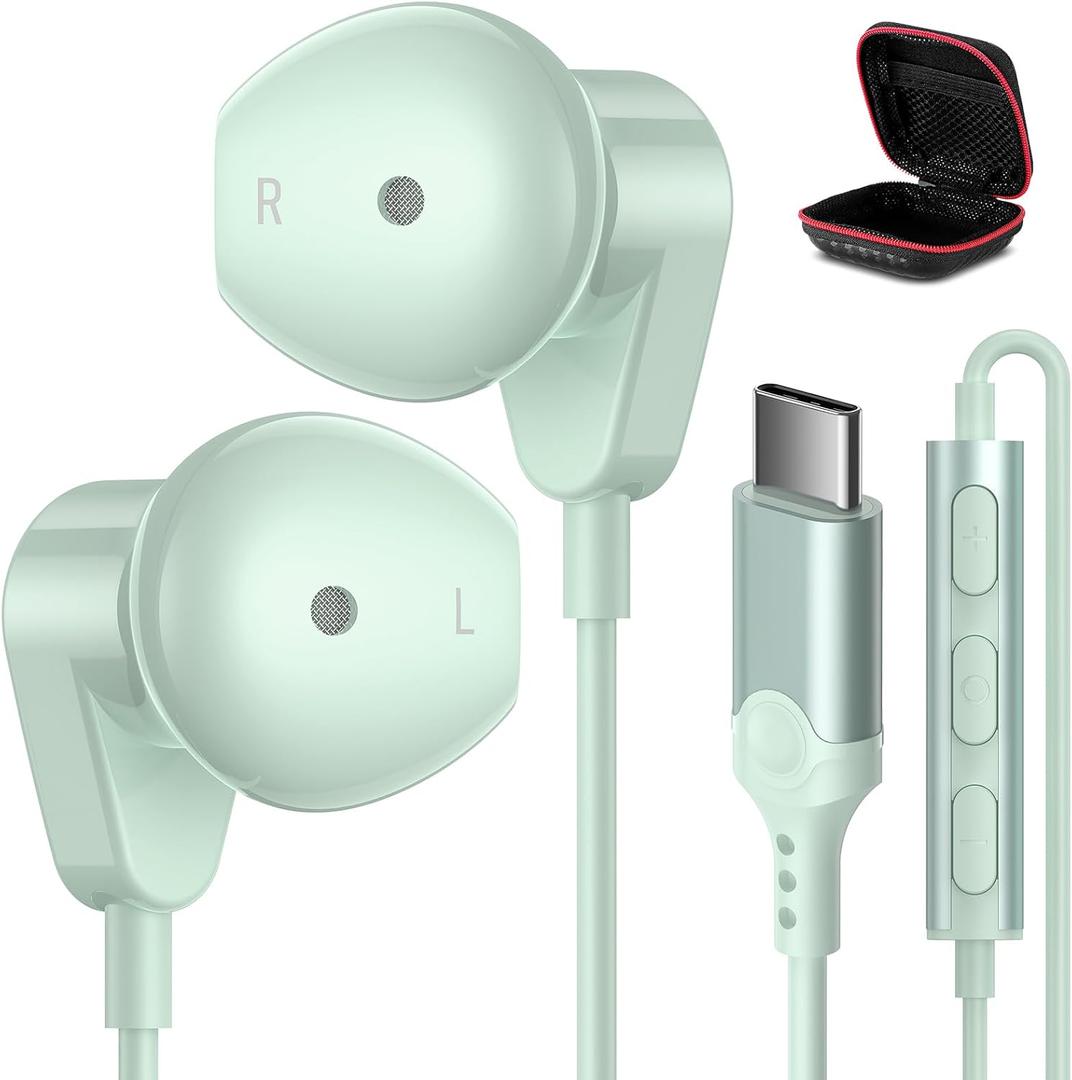 USB C Headphones for iPad A16/iPhone 17 Pro Max 16 15 Plus, HiFi Stereo Type C Earphones USB-C Wired Earbuds with Mic Volume Control for Samsung S26/S25 S24/S23/S22/S21/Pixel 10 9 8 7 6 Pro, Mint