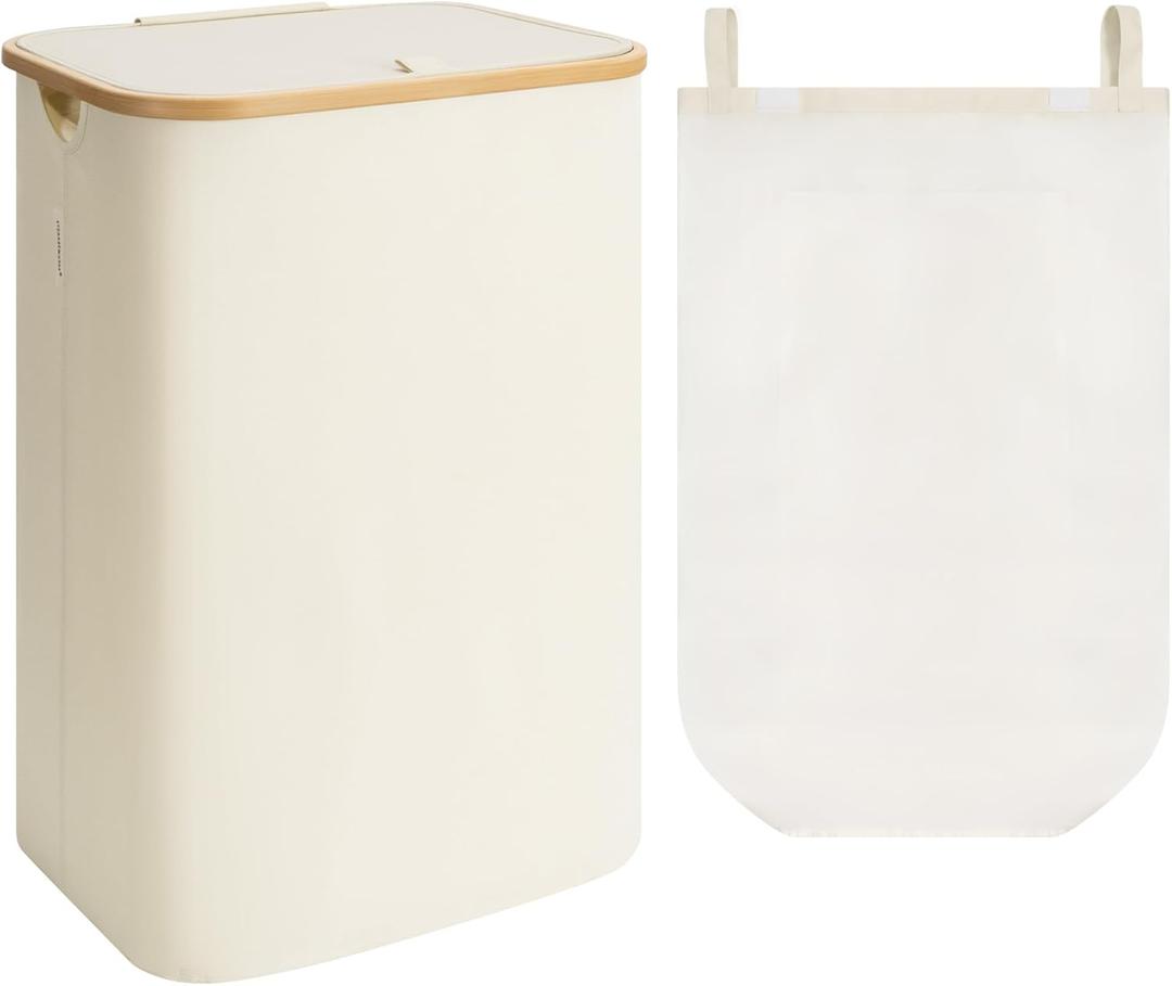 StorageWorks 100L Large Laundry Hamper with Lid, Tall Laundry Basket with Bamboo Handles and Removable Inner Bag, Collapsible Laundry Hamper for Clothing, Towels, Beige, 1-Pack