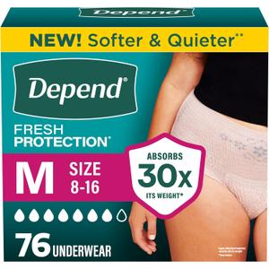Depend Fresh Protection Adult Diapers, Incontinence Underwear for Women, Disposable, Maximum, Medium, Blush, 76 Count (2 Packs of 38)
