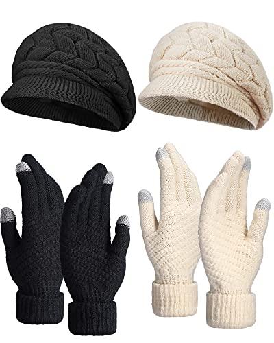 SATINIOR 4 Pieces Women Winter Hats and Gloves Set Touchscreen Gloves Warm Knitted Beanie and Mittens for Women Men (Black, Beige), One Size
