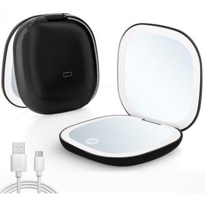 Compact Travel Makeup Mirror, Rechargeable 1X/10X Magnifying Compact Mirror with Dimmable Light, 2-Sided Handheld Portable Folding Mirror, Mini Makeup Mirror for Purse, Pocket, Gifts (Black)