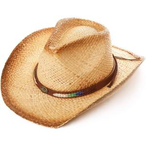 Comhats Western Style Round Cowboy Straw Hat Ladies Fedora Chin Cord Vegan Leather Band Shapeable Brim Beach Cowgirl (Large, 00724_natural)