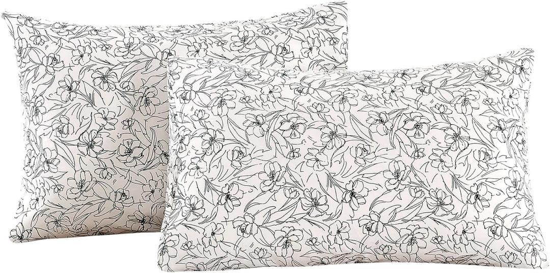 2 Pack Pillowcase Standard Size with White & Black Floral Pillow Cases Set, 100% Cotton Standard Pillow Covers Envelope Closure, 39x23 Inch