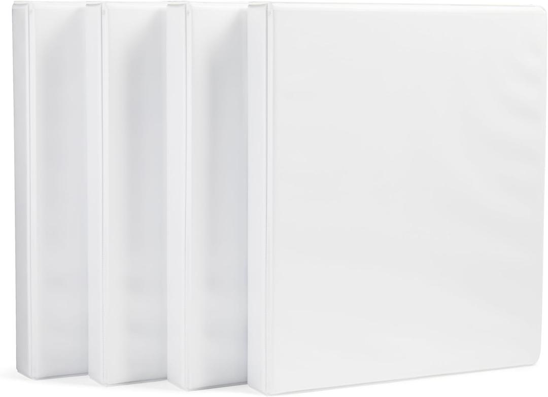 Amazon Basics 3-Ring Binder with Round Rings and Interior Pockets, 1-Inch, White, 4-Pack