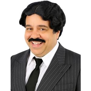 PUREHAIR Short Black Wavy Hair Wig with Mustache for Gothic Family Halloween Costume Funny Cosplay (Adults)