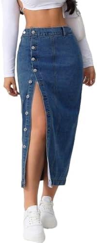Women's Casual Slit Denim Midi Jean Skirt Stretch High Waisted Button Up Frayed with Pockets.L