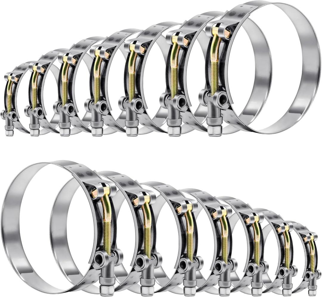 14 Pcs 7 Sizes T-Bolt Hose Clamps, 304 Stainless Steel Turbo Intake Intercooler Clamp,Working Range 32-91mm for 1-3" Hose ID, Radiator Hose Clamps Assortment Set