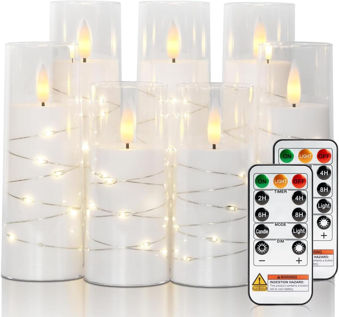 Raycare Flameless Candle with Remote Timer, 7 Flickering Acrylic Battery Operated LED Pillar Candles with Embedded Star String for Valentine's Day, Home Decor, and as a Gift(White)