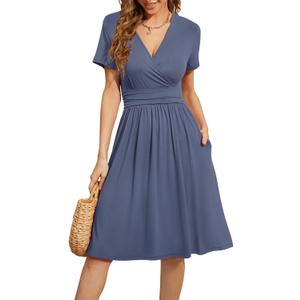 WEACZZY Women's Summer Short Sleeve Casual Dresses V-Neck Floral Party Dress with Pockets (X-Large, A Purple Gray)