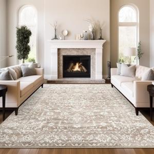 8x10 Area Rugs for Living Room, Stain Resistant Washable Rugs for Dining Room, Kitchen, Floral Vintage Non-Slip Thin Large Area Rug(Light Brown, 8'x10')