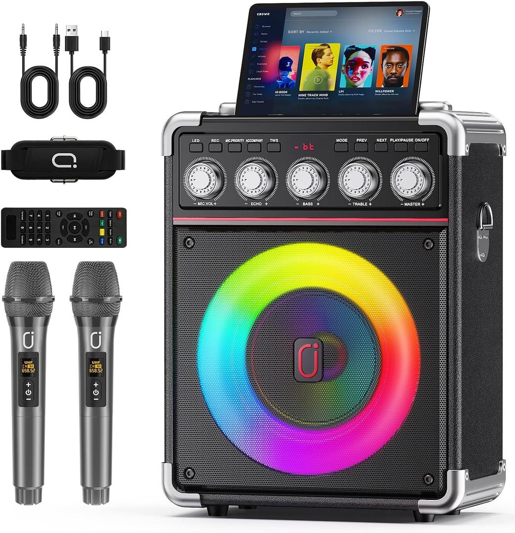 Karaoke Machine for Adults with 2 Wireless Microphones, Portable Bluetooth 5.3 Speaker with Bass/Treble/Echo Adjustment, PA System with Remote Control, Supports TWS/TV/TF Card/USB/AUX (Black)