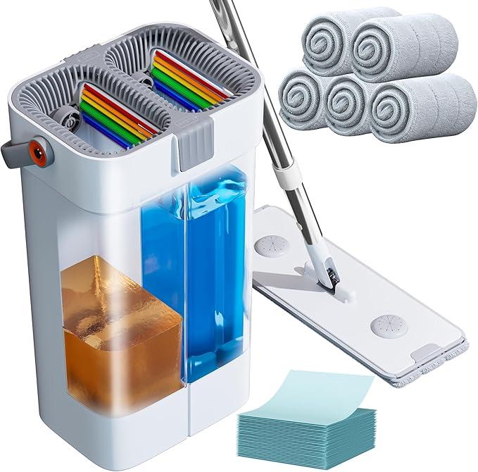 POPMOP Mop and Bucket Set, Flat Mop and Bucket System, Mop Bucket with Wringer, Wall Mop with Adjustable Handle (Max 61 Inches), 5 Washable Microfiber Mop Pads