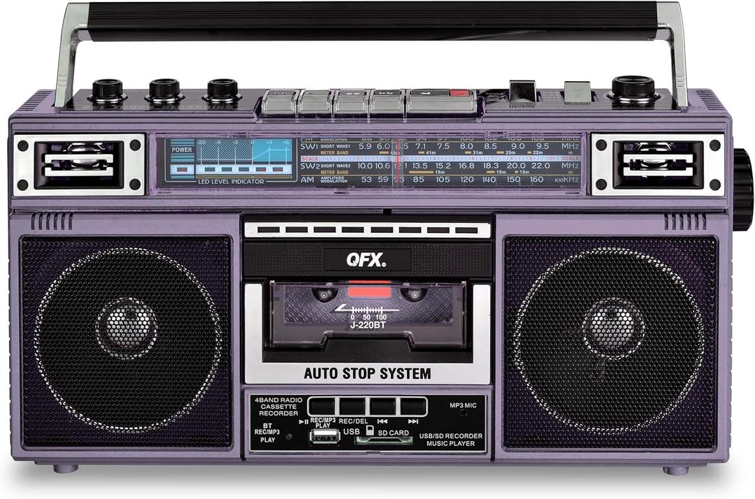 QFX J-220BT Purple Boombox MP3 Conversion from Radio to Cassette with 4-Band (AM, FM, SW1, SW2) Radio with Bluetooth, Dual 3 Speakers, Built-in Microphone, Recorder, and a 3-Band Equalizer