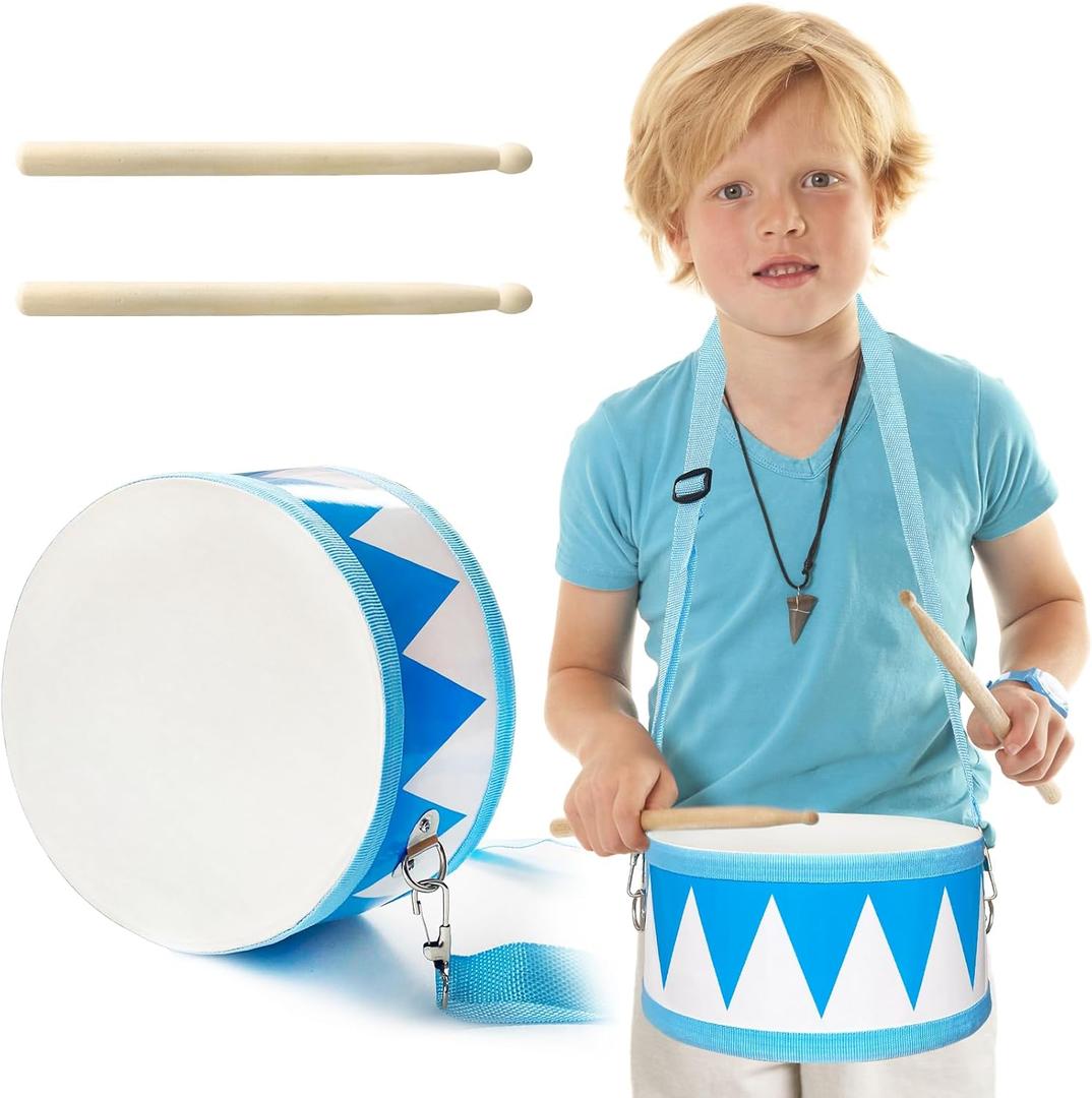 Kids Drum Set,8 Inch Wooden Drum Toys,Educational Baby Musical Toy with an Adjustable Strap and 2 Drumsticks,Sensory Musical Instrument Toys for Toddler,Kids,Boys & Girls (Blue Triangle Style)