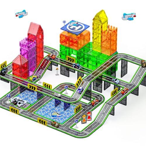 121PCS Magnetic Tiles Road Set with Pullback Cars. Magnet Tiles for Building Construction Toys with Ship, Airplane, Traffic Sign, STEM Magnetic Tiles for Kids Ages 4-8, Educational Gifts for Ages 3+