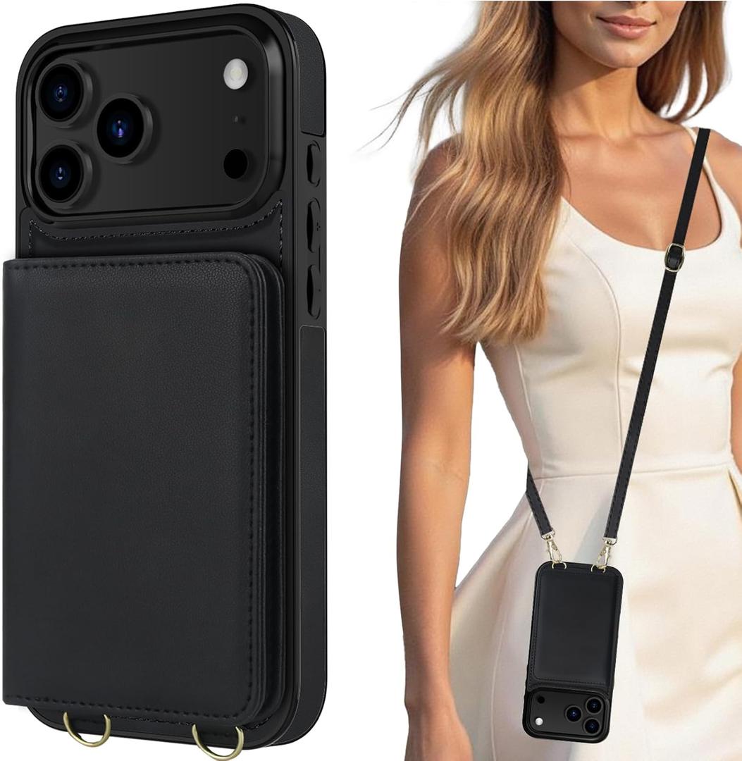 LOHASIC for iPhone 17 Pro Max Crossbody Wallet Case, RFID Blocking iPhone 17 Pro Max Case with Card Holder, 4 Card Slots & 2 Cash Pockets, Leather Case for Women Girls, Black