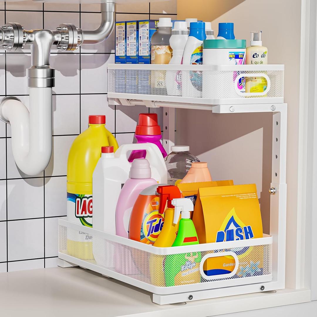 Under Sink Organizer, High Adjustable 2 Tier Under Sink Organizers and Storage, Slide out Metal Cabinet Organizers, Pull out Storage Drawer Shelf for Kitchen Bathroom Cabinet (1, White)
