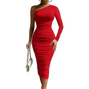 LAGSHIAN Women's Elegant Bodycon One Shoulder Long Sleeve Ruched Midi Cocktail Party Dress, Large