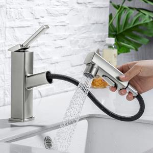 HANLIAN Single Hole Bathroom Pull Out Faucet with Rotating Spout, One Handle Faucet for Bathroom Sink, Modern Bathroom Faucet with Pull Down Sprayer, 3 Modes Vanity Faucets (Brushed Nickel, Regular)