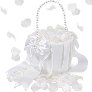 Jingmore 1 Set Wedding Flower Girl Basket and Real Petals Set Ivory Flower Girl Basket with Pearl Handle True Dried Hydrangea for Wedding Bridal Party Romantic Night Proposal Anniversary Decoration