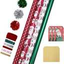 LaRibbons Christmas Wrapping Paper Sets, Santa & Snowflake & Gingham & Stripe Design with Ribbons & Gift Tags & Metallic Pom Pom for Christmas, Holiday, 30Inch × 10Feet（ 4 Rolls: 100 Sq.Ft.Ttl）