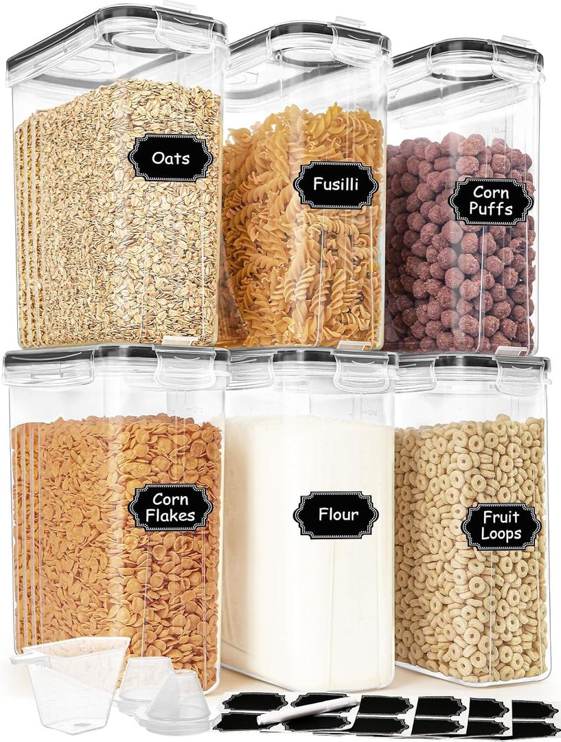 HKJ Chef Cereal Containers Storage Set (4L / 135.2oz), 6PCS Airtight Food Storage Containers with Lids, Cereal Dispensers for kitchen Pantry Organizers and Storage with Pour Spout, 20 Labels, Marker