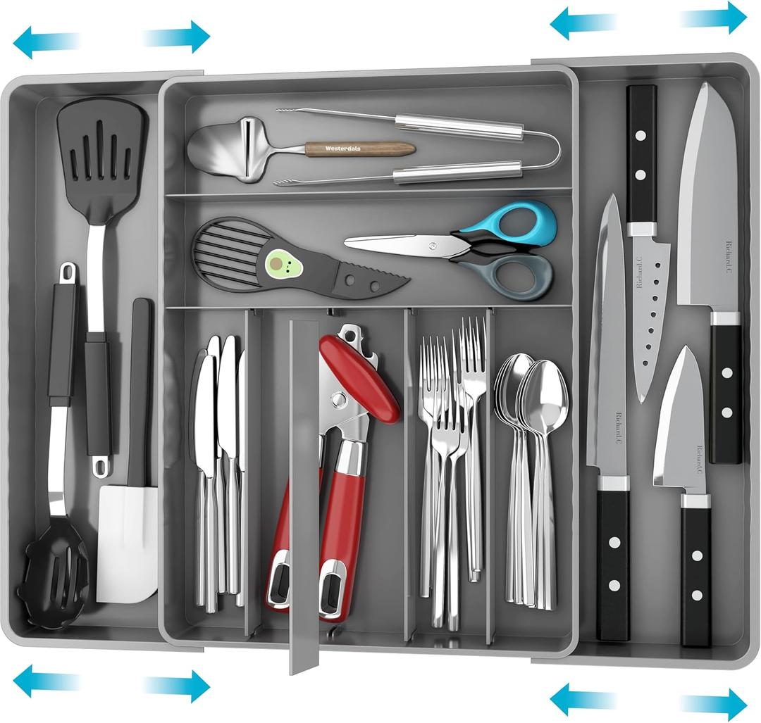 Simple Houseware Expandable Kitchen Drawer Flatware Organizer, Gray  Adjustable Cutlery Tray with 9 Compartments for Utensils and Silverware