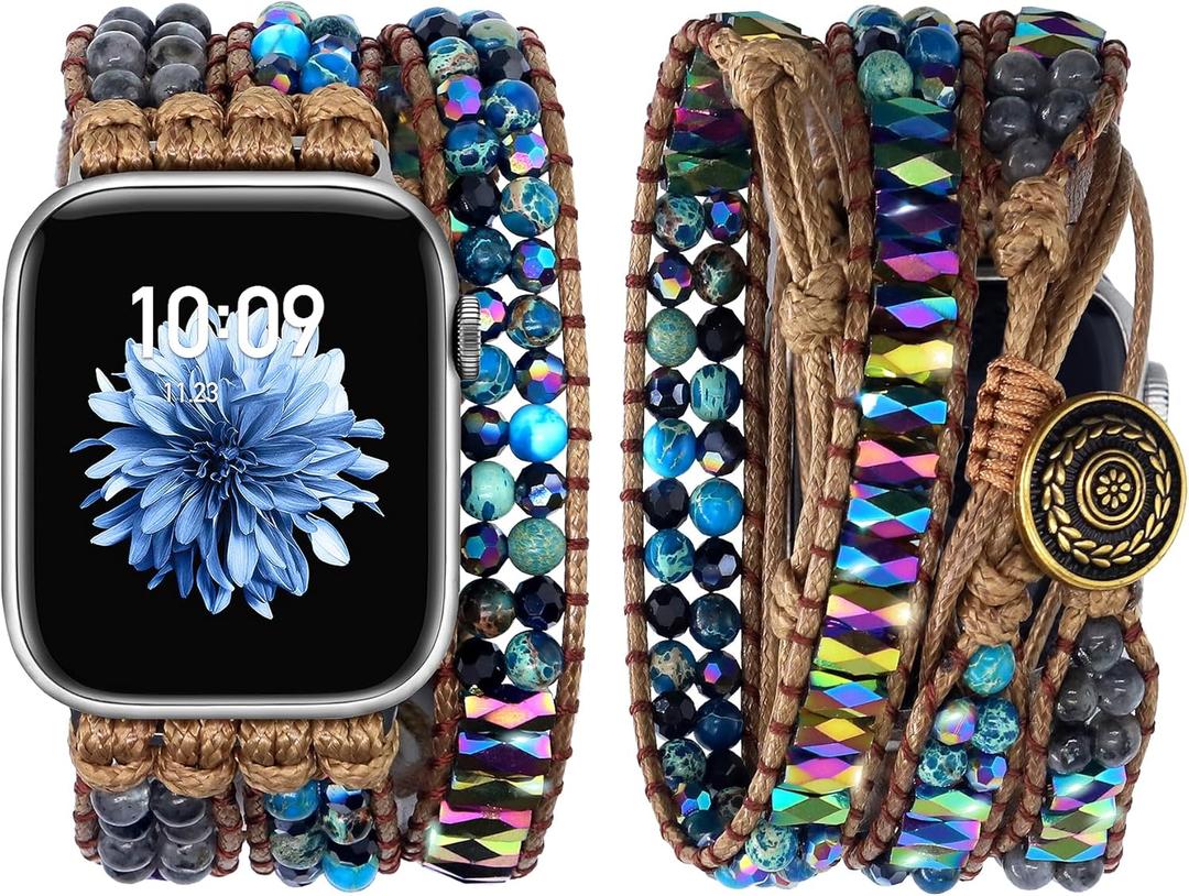 JR.DM Boho Beaded Watch Band Women Compatible with Apple Watch Band 38mm 40mm 41mm 42mm (S10) Emperor Stones Blue Bracelet Adjustable Handmade Braided Strap for iWatch Series 10/9/8/7/6/5/4/3/2/1/SE