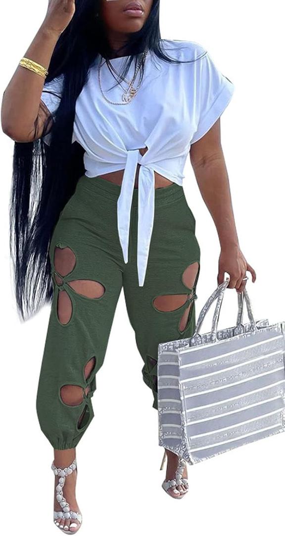 KEYUFANG Women 2 Piece Outfits Set Casual Crop Top Shirt Hollowed Out Sweatpants Women Fashion Tracksuit (White, XXL)