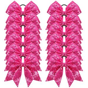 Oaoleer 12PCS 7" Large Glitter Cheer Hair Bows Ponytail Holder Elastic Band Handmade for Cheerleading Teen Girls College Sports (Sequin Hot Pink 12PCS)