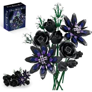 Flower Bouquet Building Set, 12 Gothic Black Rose and Lotus Botanical Collection Building Block Toy Compatible with Lego Flowers for Adults Women Home Decor, Gift for Valentine, Mother's Day