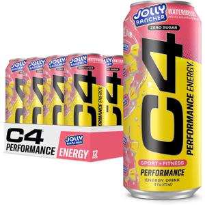 C4 Performance Energy Drink, Jolly Rancher Watermelon, Zero Sugar Carbonated Preworkout Energy, 200mg Caffeine with Beta Alanine, 16 Fl Oz (12 Pack) BB 05/2027