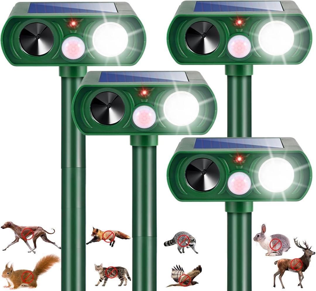 2026 New Solar Ultrasonic Animal Repellent Outdoor Motion Activated Deer Repellent Cat Deterrent with Flash Light to Keep Rodent Dog Skunk Rabbit Raccoon Squirrel Out of Yard Garden Lawn,4Pack