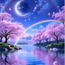 PINFFSHU 5D Diamond Painting Kits for Adults - Fantasy Starry Sky, Pink Cherry Blossoms & Magical Moonlit Rainbows DIY Full Drill Art, Sparkling Enchanted Landscape Wall Decor 12x16 Inches (30x40cm)