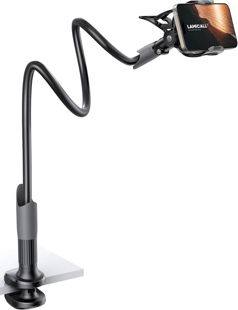 Lamicall Gooseneck Phone Holder for Bed - Cell Phone Mount Clamp Clip, Flexible Long Arm, Overhead Mount for Desk Headboard Bedside, for iPhone 16 Pro Max, 15 Pro Max, 14 Plus, 13 Mini & 4-7" Phone (Black)