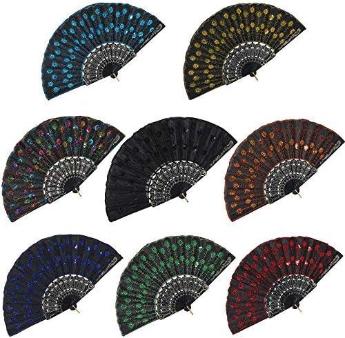 BABEYOND 7pcs Vintage Folding Hand Fan Embroidered Sequins Handheld Folding Fan Fabric Folding Fan for Wedding Dancing Party (Color Random Selected with Embroidered Sequins)
