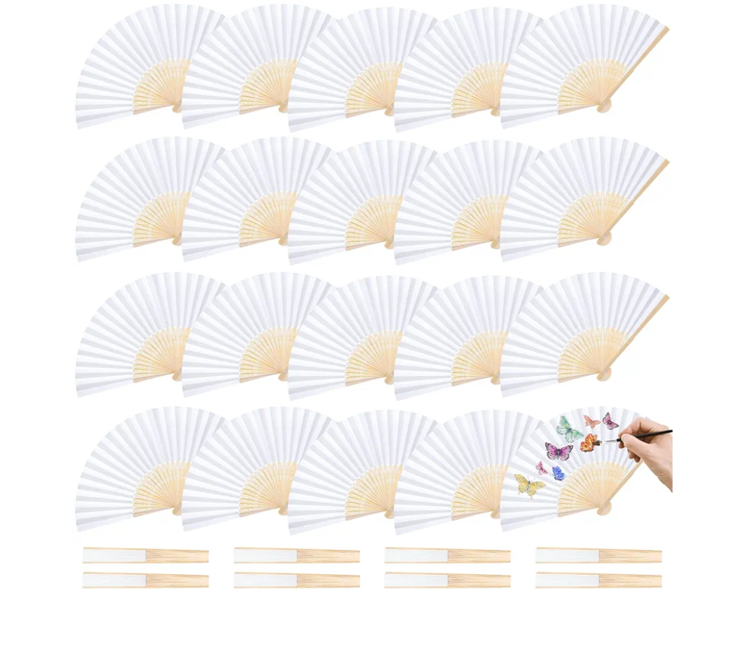 JOHOUSE 28 Pcs White Paper Folding Hand Fans, 8.3 Inch Handheld Portable Decorative Fans for Wedding, Outdoor Party Favors, Bridal Shower DIY Crafts Photography Prop Summer Cooling Supplies