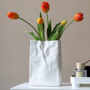 Pumtus Crinkle Paper Bag Ceramic Vase, 7.5 Inch Unique Flower Vase, White Matte Square Wide Mouth Pleated Planter, Minimalist Boho Pot for Flower Arrangement Table Centerpiece Home Office Decor