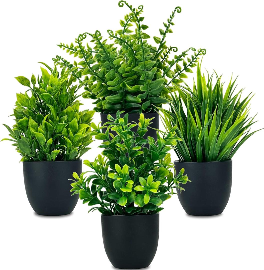 Set of 4 Fake Plants 7 Small Potted Plants Artificial Plants Indoor Mini Greenery Plants for Indoor Decor Home Shelf Office Decor, Compact Black Pot