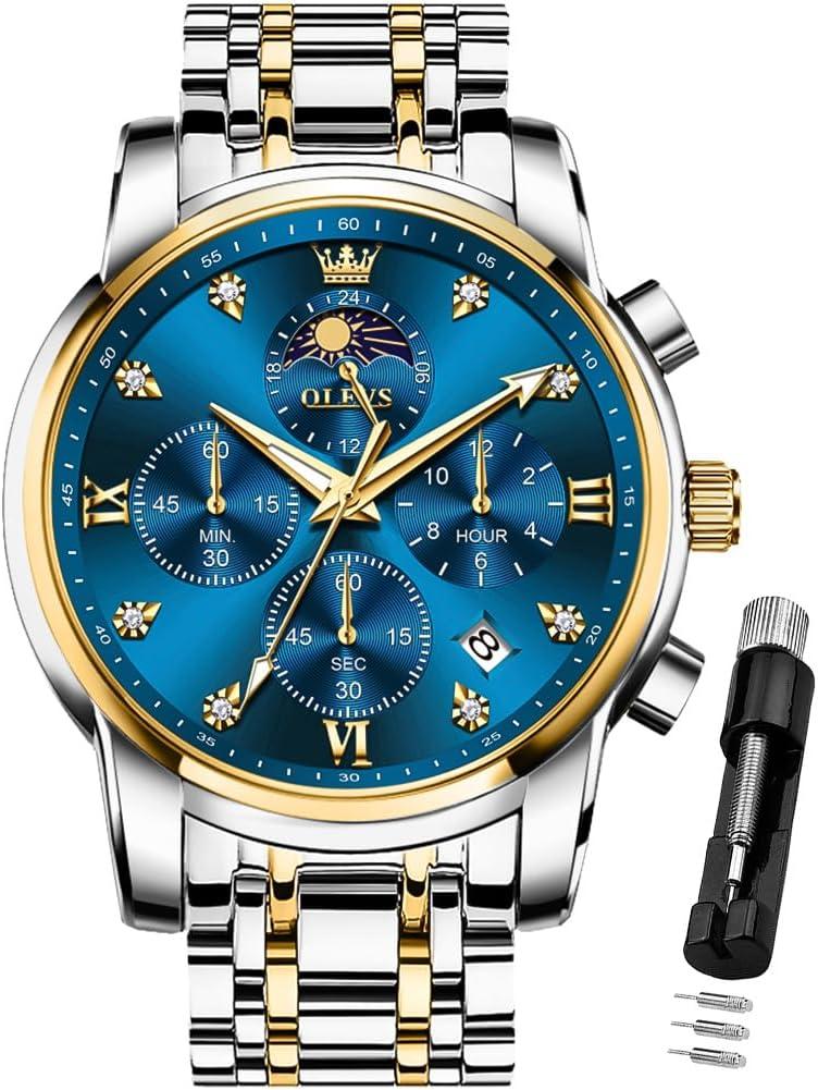 OLEVS Watch for Men Diamond Business Dress Analog Quartz Stainless Steel Waterproof Luminous Date Two Tone Luxury Casual Wrist Watch Blue