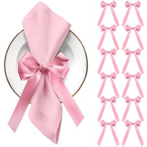Pink Bow Napkin Rings Set of 12 Pink Ribbon Candlestick Decor Charms Coquette Bow for Wine Glasses Ribbon Gift Rings Bulk for Candle Holder Wedding Birthday Party Bridal Shower Wrapping