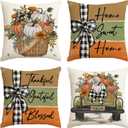 AVOIN colorlife Fall Pumpkin Truck Sunflowers Home Sweet Home Throw Pillow Covers, 18 x 18 Inch Autumn Thankful Grateful Blessed Harvest Floral Decorations for Sofa Couch Set of 4
