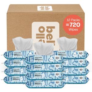 Hello Bello Extra Gentle Unscented Baby Wipes, Plant Based, Made with 99% Water and Aloe for Babies and Kids, 720 Count (60 Count (Pack of 12))