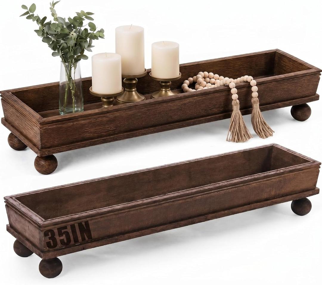 35.5 Inch Long Wooden Decorative Tray with Riser for Table Centerpiece, 35.43 x 8.66 x 6.5 inches