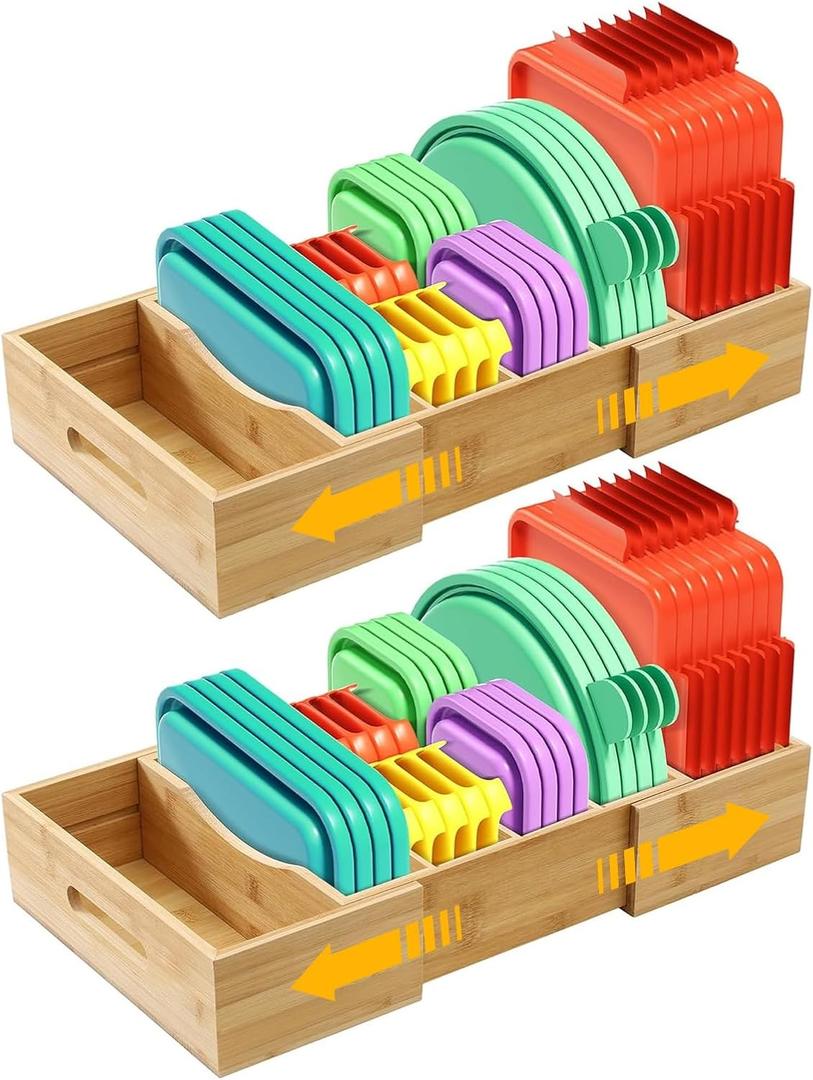 2 Pack Expandable Food Container Lid Organizers, Gift for Christmas Bamboo Lids Organizer Inside Cabinet with 3 Adjustable Dividers Groove Design, Food Storage Box Lid Holder for Kitchen Organization